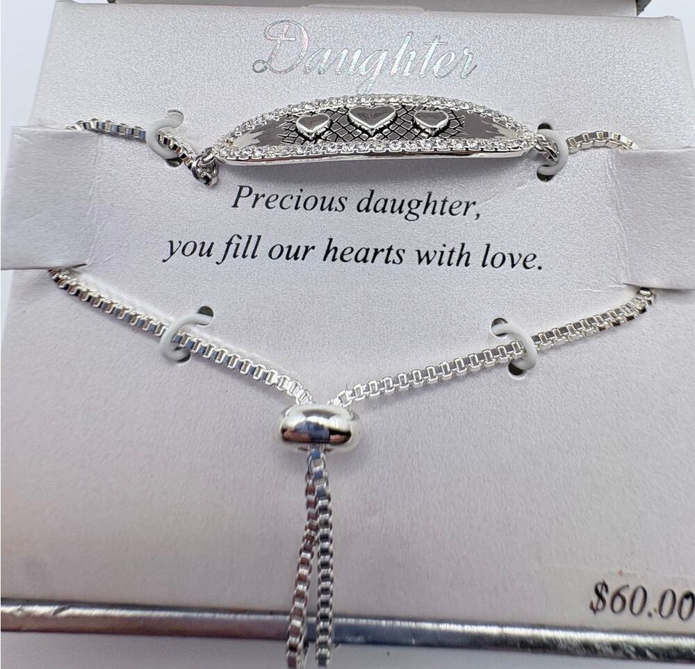 Silver Expressions Daughter Slide Bracelet With Box Chain and Rhinestone Accents